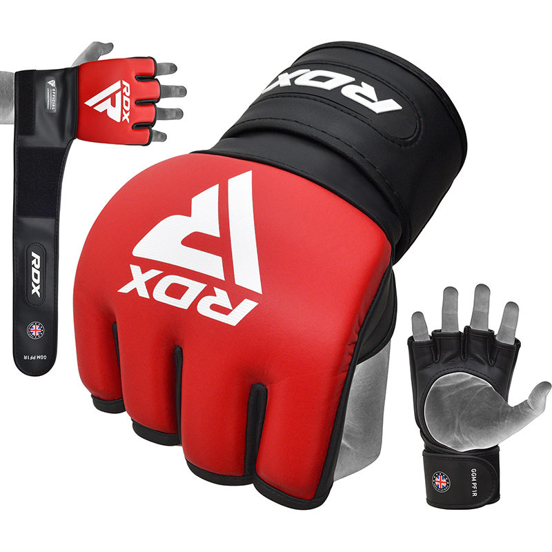 RDX PF1 Red Cage Fighting Open Palm Padded MMA and Grappling Gloves with Long Wrist Strap PU Leather Small