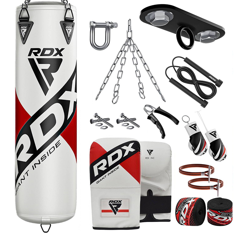 RDX F10 4ft 13-in-1 White Boxing Punch Bag and Mitts Cardio Workout Filled Heavy Training Equipment MMA Thai Kickboxing Karate Set