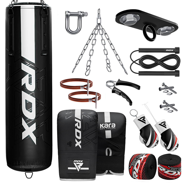 RDX F6 KARA 5ft 13-in-1 Heavy Boxing Punch Bag and Mitts White Filled Set