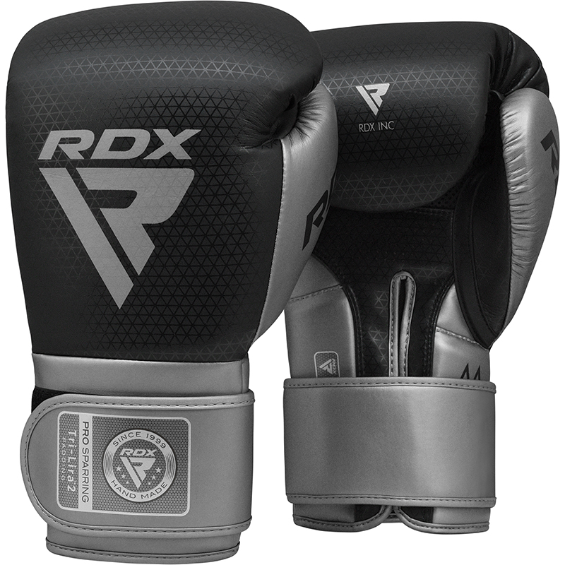 RDX L2 Mark Pro Sparring Boxing Gloves Hook And Loop Black / Golden-14oz-Silver