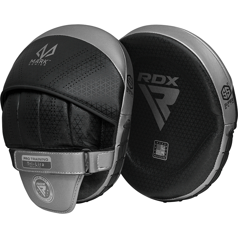 RDX L1 Mark Pro Almohadillas Enfoque Entrenamiento Boxeo Plata Cuero