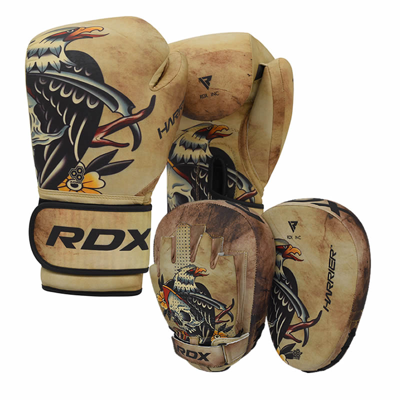 RDX T14 Harrier Tattoo Boxing Gloves, Focus Pads and Free Bag Set