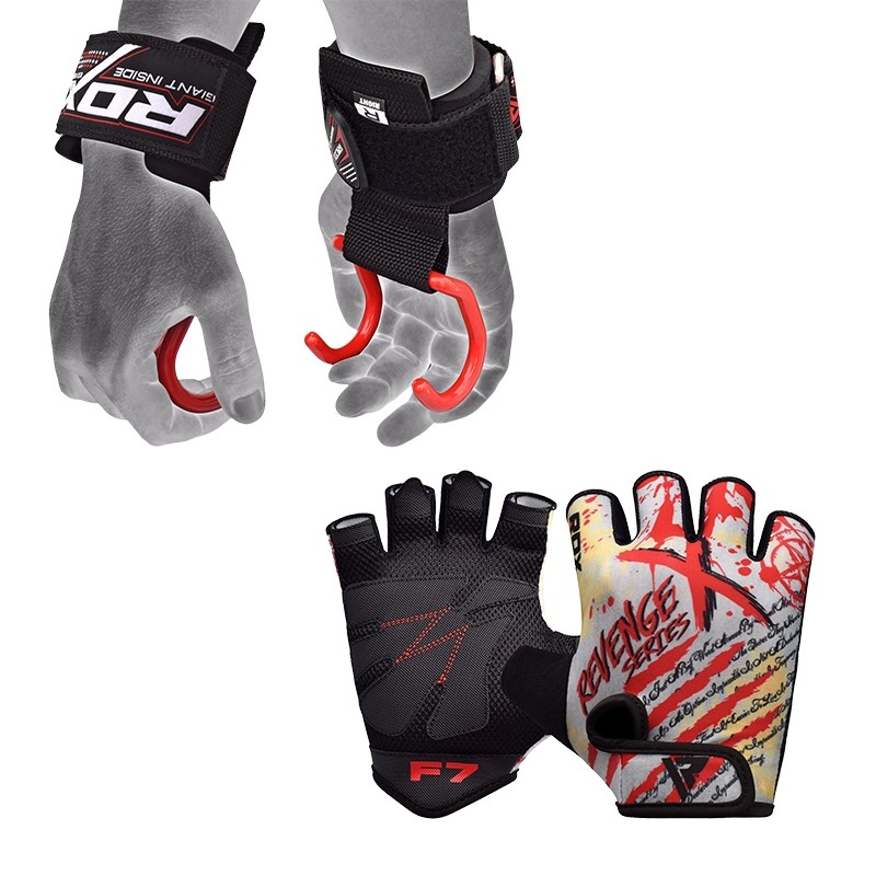 RDX F7 Medium Red Gym Gloves and W15 Hook Straps